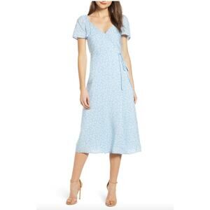 4SI3NNA Blue & White Floral Print Tie Detail V-Neck Midi Dress Size L